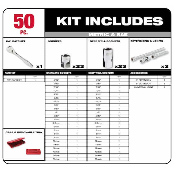 1/4 in. Drive SAE/Metric Ratchet and Socket Mechanics Tool Set with 1/4 in. Drive 9 in. Extended Ratchet (51-Piece)