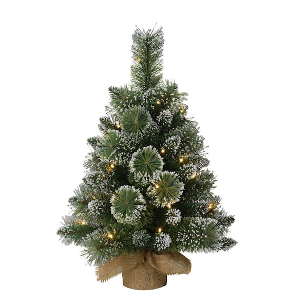 Puleo International Pre-Lit 2 ft. Table Top Artificial Christmas Tree with 35-Lights in Tan Sac, Green