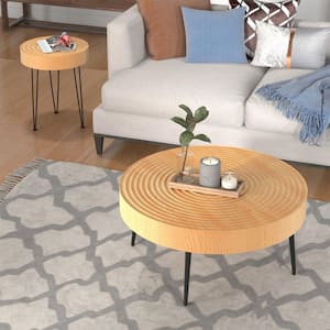Solid Wood Farmhouse Round Coffee Tables Modern Circle Natural Wood Finsh Side and End Table Sets (Set of 2)