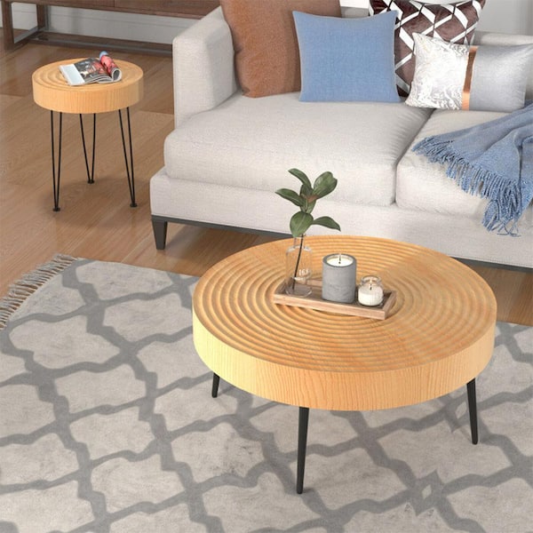 Cisvio Solid Wood Farmhouse Round Coffee Tables Modern Circle Natural ...