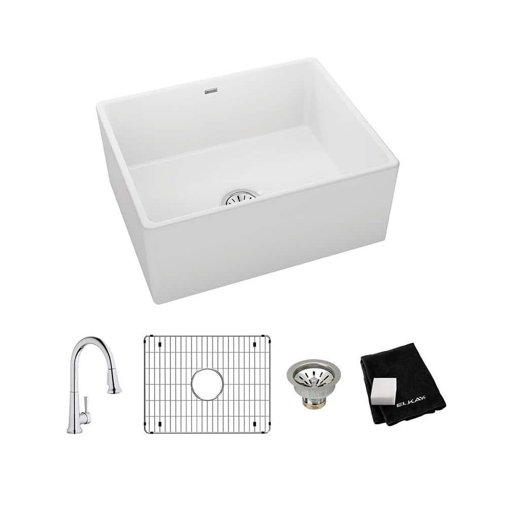 UPC 094902128399 product image for Elkay White Fireclay 24-3/8 in. Single Bowl Farmhouse Apron Kitchen Sink Kit wit | upcitemdb.com
