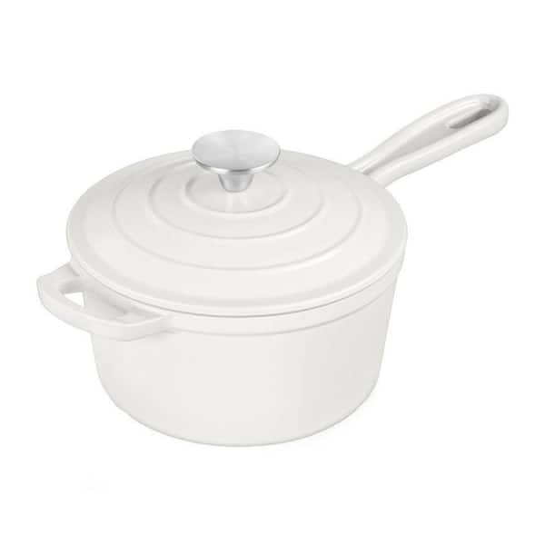 2 qt. Cast Iron Nonstick Sauce Pan in White with Lid, Heavy Duty Multi-Layer Construction for Cooking Baking