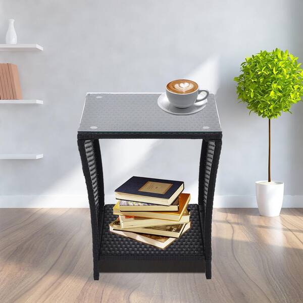 HOTEBIKE Outside Coffee Table - All-Weather PE Rattan and Steel Frame, Patio Furniture Square Bistro Table with Storage Shelf