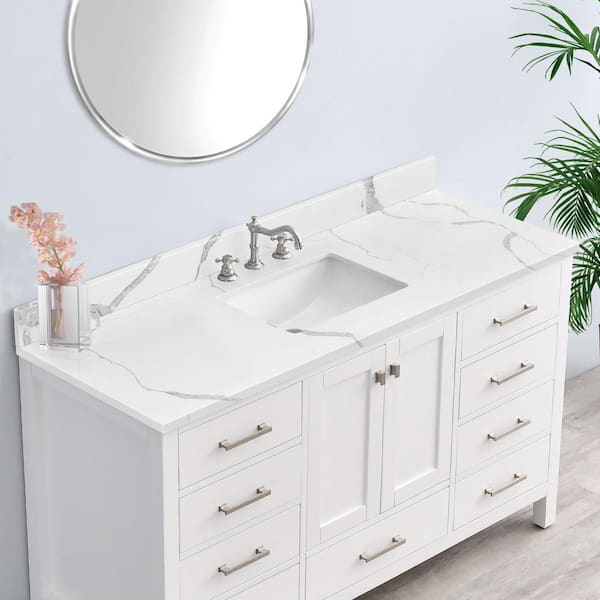 Miragy 60 in. W x 22 in. D Quartz White Rectangular Single Sink Bathroom Vanity Top in Calacatta Classique