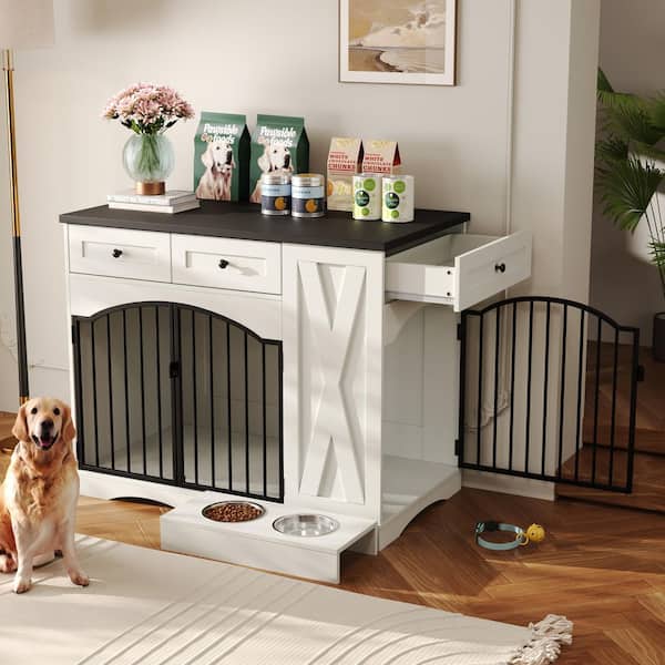 White 35 in. H Farmhouse Storage Cabinet Dog Crate Furniture with 3 Drawers, Removable Feeder