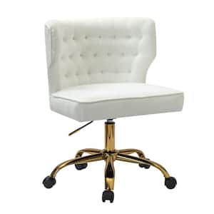Rudolf White Tufted Upholstered Height-adjustable Swivel Ofiice Sliding Chair with Gold Metal Legs