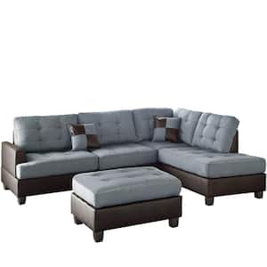 Stapleton 70 in. 3-Piece L-Shape Linen Faux Leather Sectional in Gray Chocolate with Reversible Chaise and Ottoman