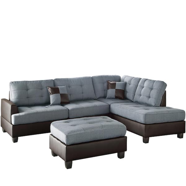 Venetian Worldwide Stapleton 70 in. 3-Piece L-Shape Linen Faux Leather Sectional in Gray Chocolate with Reversible Chaise and Ottoman
