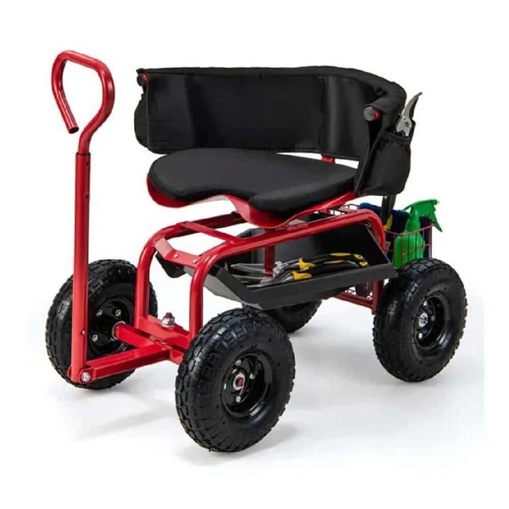 1.3 cu. ft. Metal Garden Cart Scooter with Swivel Seat, Adjustable Height, 