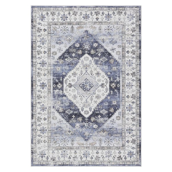 Retro Carpet Blue Gray 5X7ft Machine Washable Printed Time-delay Short Pile Non-slip Rug Soft Foldable Indoor Rug