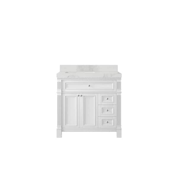 Willow Collections Paris 36 in. W x 22 in. D x 36 in. H Left Offset Sink Bath Vanity in White with 2 in. Calacatta Nuvo qt. Top
