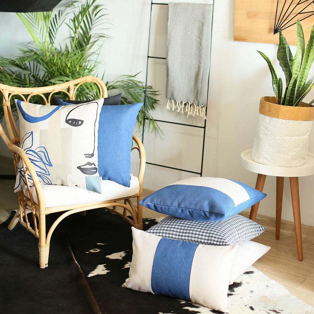 Blue and Ivory Jacquard Boho-Chic 18" Square Throw Pillow Cover