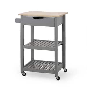 Compact Gray Rubber Wood Tabletop 25.5 in. Kitchen Island with Open Shelves