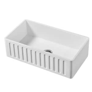 White Solid Surface 33 in. Single Bowl Farmhouse Apron-Front Kitchen Sink with Bottom Grid