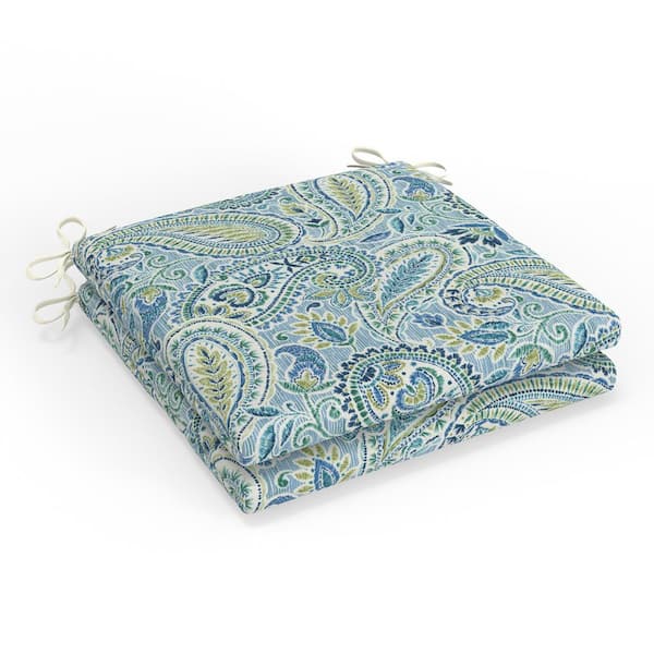 Pillow Perfect Paisley 20 in W x 3 in H Square Outdoor Chair Seat Pad with Ties 2-Count in Blue Arctic Stone