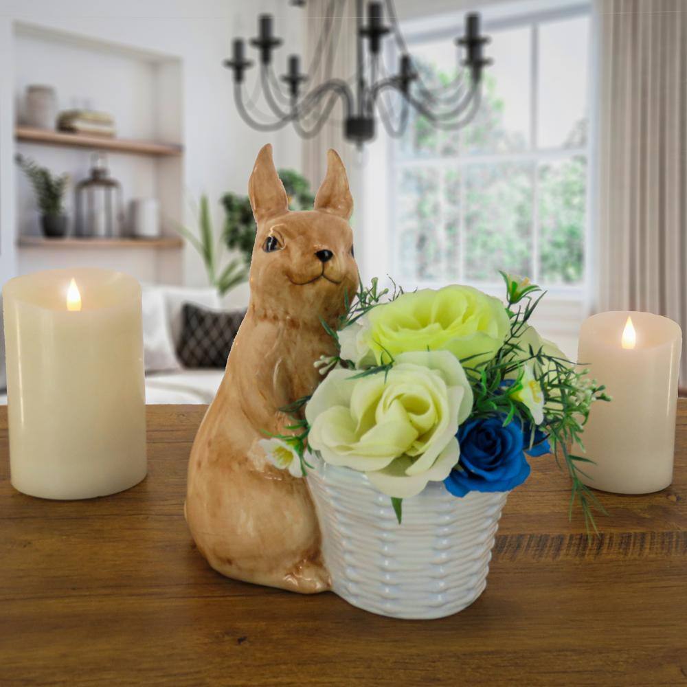 Hand-Painted Brown Ceramic Bunny with White Basket, 11 Inches
