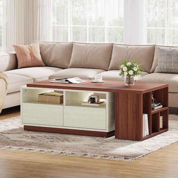 Inaayah 43 in. Brown Rectangle Extendable Wood Coffee Table with 2-Drawers and Storage Shelves for Living Room