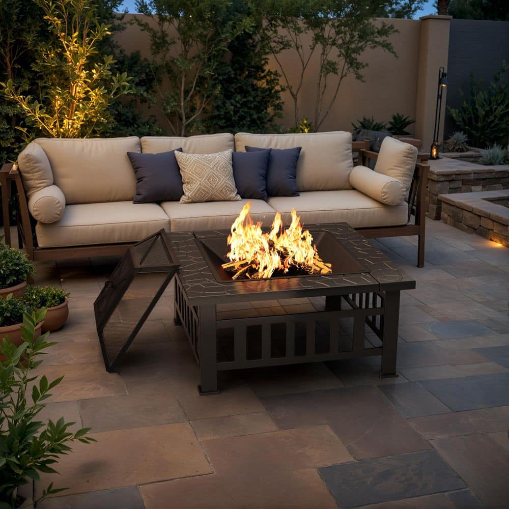 Tozey 32 in. Outdoor Metal Black Fire Pit with Cover and Poker T-FP21SQ320A - The Home Depot