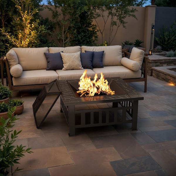 Tozey 32 in. Outdoor Metal Black Fire Pit with Cover and Poker