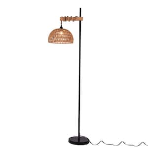 62.99 in. Black Farmhouse 1-Light Dimmable Standard Floor Lamp for Living Room with Rattan Lampshade and Remote