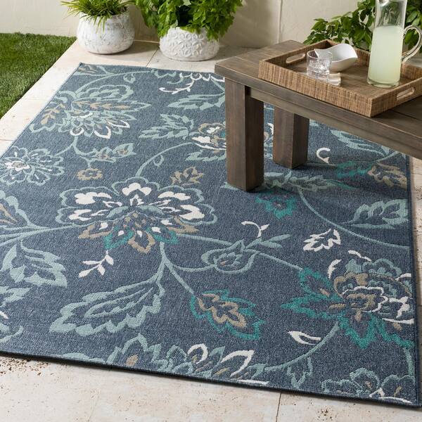 Felix Aqua 8 ft. 9 in. x 8 ft. 9 in. Round Floral Indoor/Outdoor Patio Area Rug
