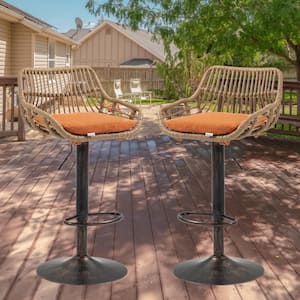 43 in. Swivel Anti-Bronze Metal Adjustable Outdoor Bar Stool with Orange Linen Cushion Rattan Seat (Set of 2)