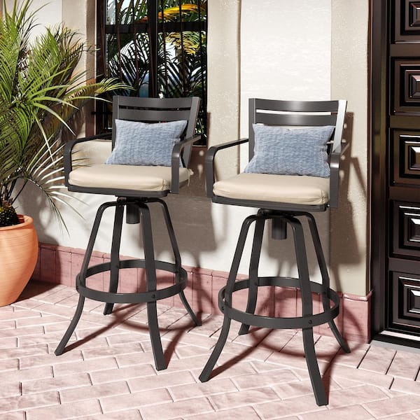 Swivel Cast Aluminum Outdoor Bar Stool Chairs with Sunbrella Canvas Antique Beige Cushion and Armrest (2-Pack)