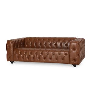 Feichko 83.5 in. Wide Brown and Dark Brown 3-Seat Square Arm Faux Leather Straight Cognac Faux Leather Sofa