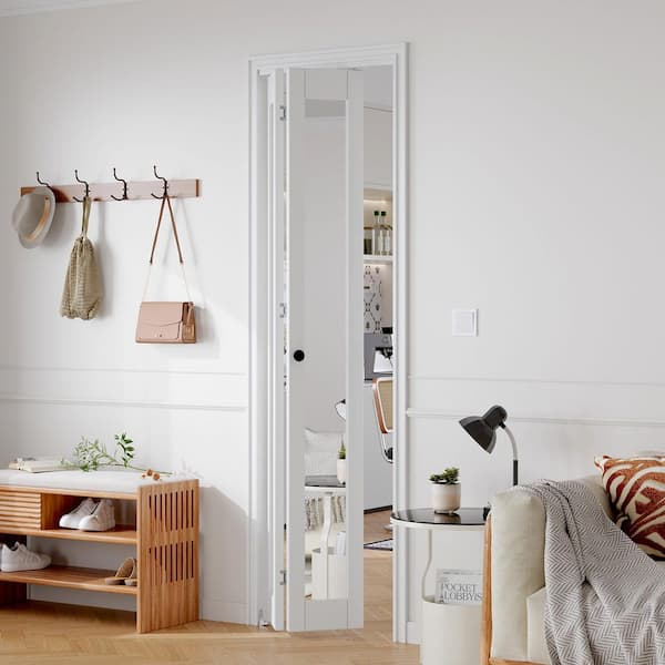 24 in. x 80 in. 1-Lite Mirrored Glass Solid Core White Finished MDF Bi-Fold Door with Hardware Kit