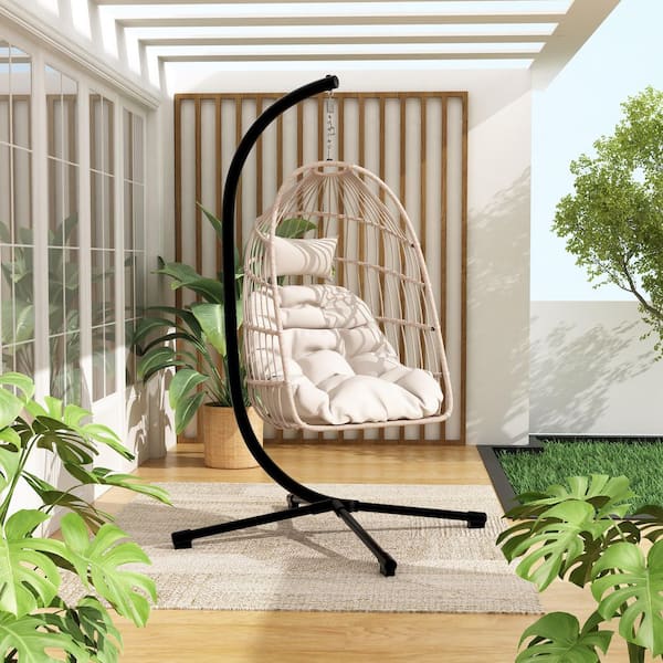 Wicker Outdoor Patio Swing Egg Chair Hammock Egg Chair with Stand and White Cushion