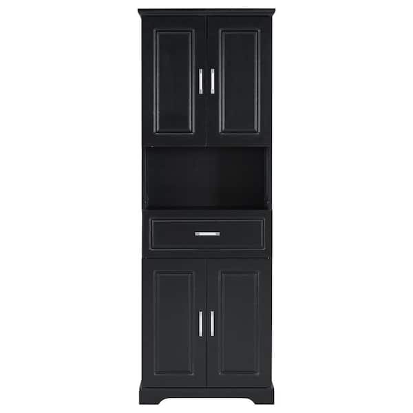 24.5 in. W x 16.1 in. D x 70.8 in. H Black Bathroom Cabinet with 4-Doors and Open Shelve