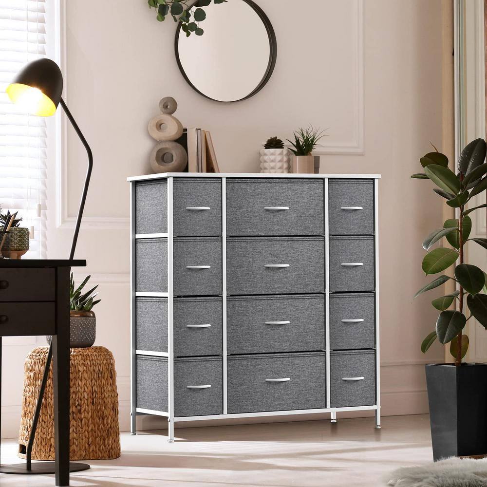 Sleek White 12-Drawer Organizer with Faux Wood Top and Steel Frame