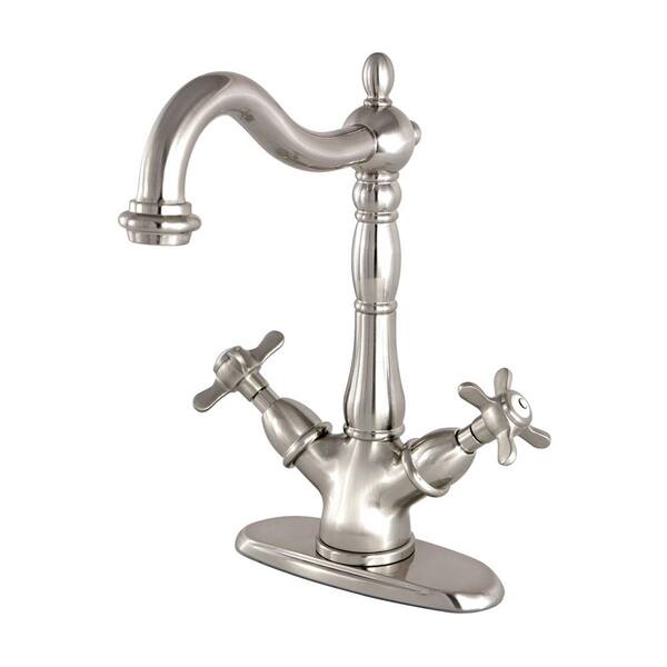 Kingston Brass Victorian Cross Single-Hole 2-Handle High-Arc Vessel Bathroom Faucet in Brushed Nickel