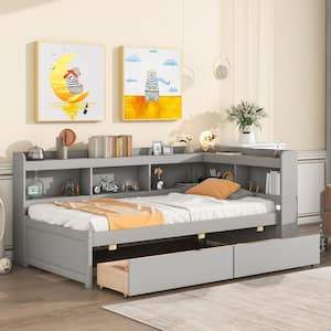 Gray Twin Size 1-Piece Wood Frame Top Platform Bed with L-shaped Bookcase and 2-Drawers