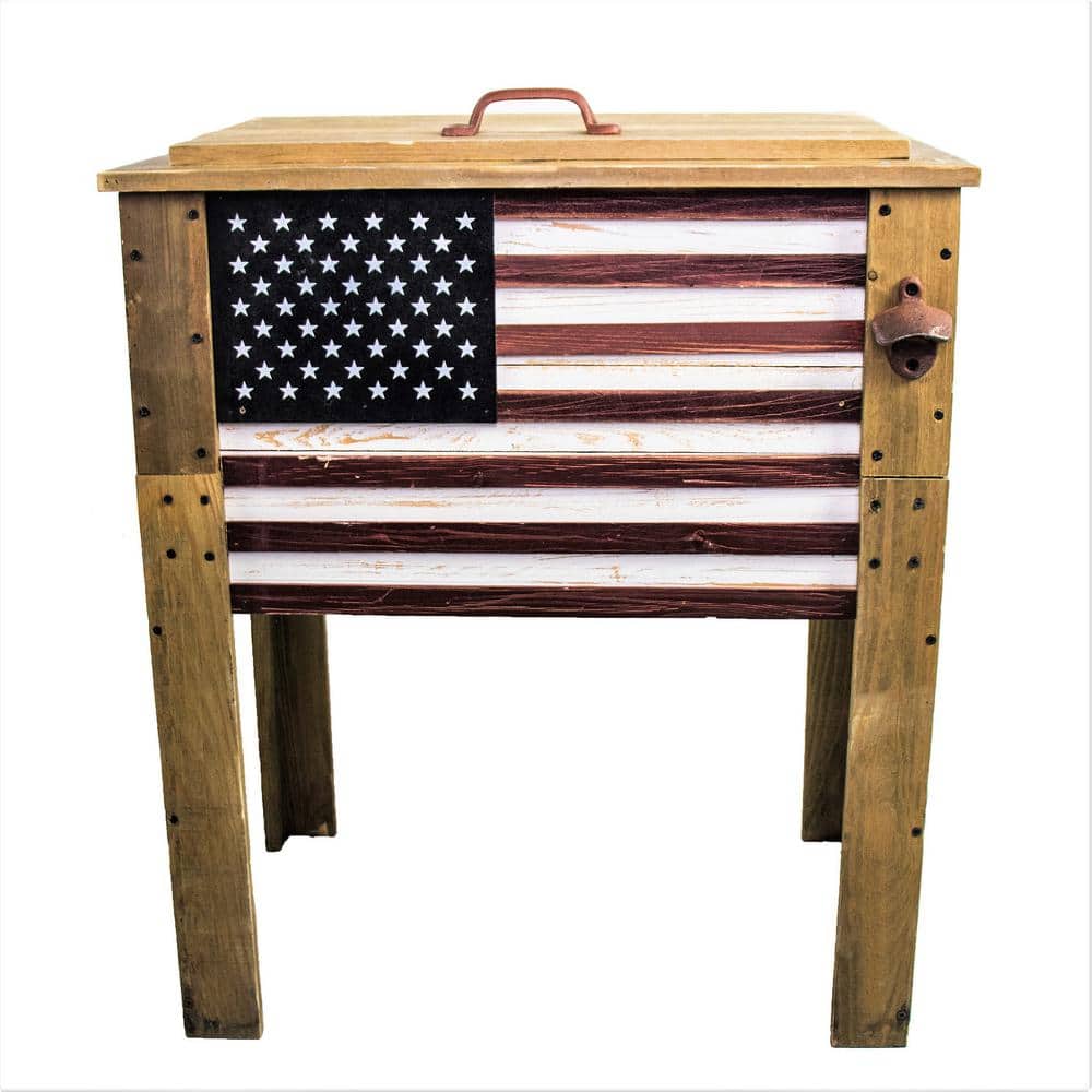57 Quart Medium Wood American Flag Patio Cooler with Grab Handle