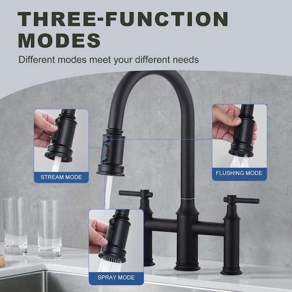 1 or 3 Holes Brass Double Handle Bridge Kitchen Faucet with 3-Mode Pull Down Sprayer and Supply Lines in Matte Black