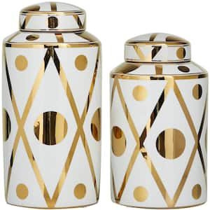 White Ceramic Geometric Decorative Jars with Gold Accents (Set of 2)