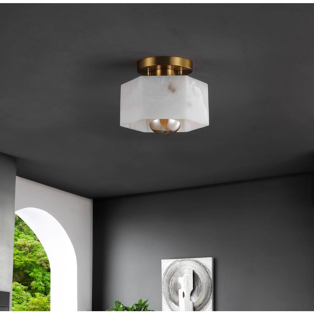 Tessa 8" White Marbling Brass LED Semi Flush Mount Light