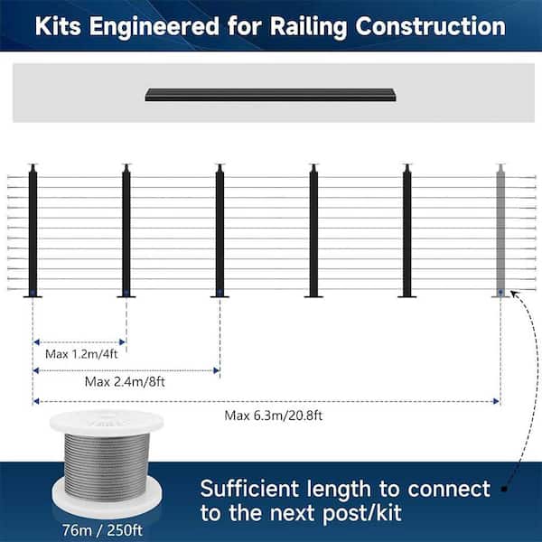 Afoxsos 2 in. Matte Black T304 Cable Railing Post Kits 5 Pack