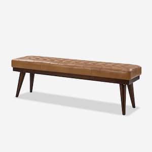 Paula 55.5 in. Wide Camel Genuine Leather Bedroom Bench with Solid Wood Base