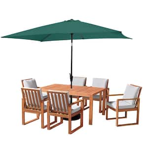 8-Piece Set, Weston Wood Outdoor Dining Table Set with 6-Cushioned Chairs, 10 ft. Rectangular Umbrella Hunter Green