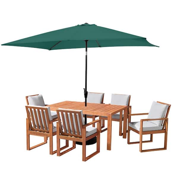 Pure Garden 8-Piece Set, Weston Wood Outdoor Dining Table Set with 6-Cushioned Chairs, 10 ft. Rectangular Umbrella Hunter Green