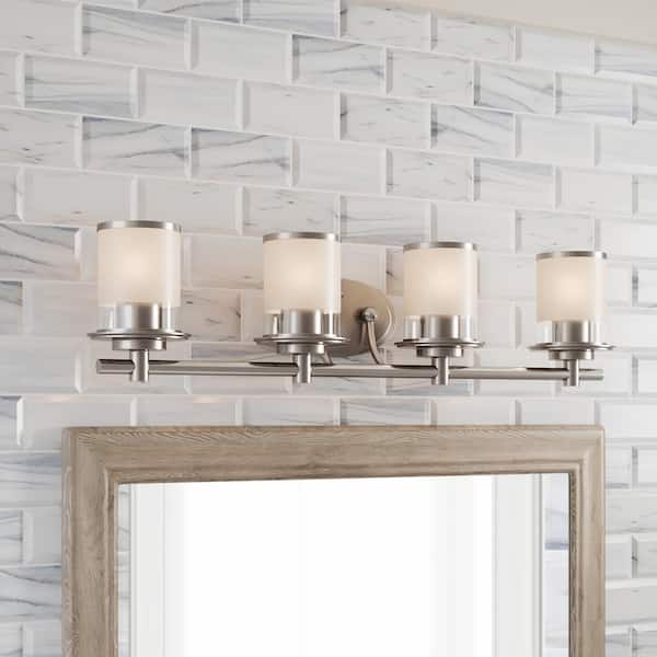 Hampton Bay Truitt 32.1 in. 4-Light Brushed Nickel Modern Transitional Vanity with Frosted and Clear Edge Glass Shades