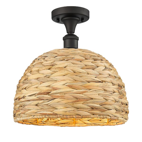 Woven Rattan 12 in. 1-Light Oiled Brass Farmhouse Semi-Flush Mount with Rattan Shade
