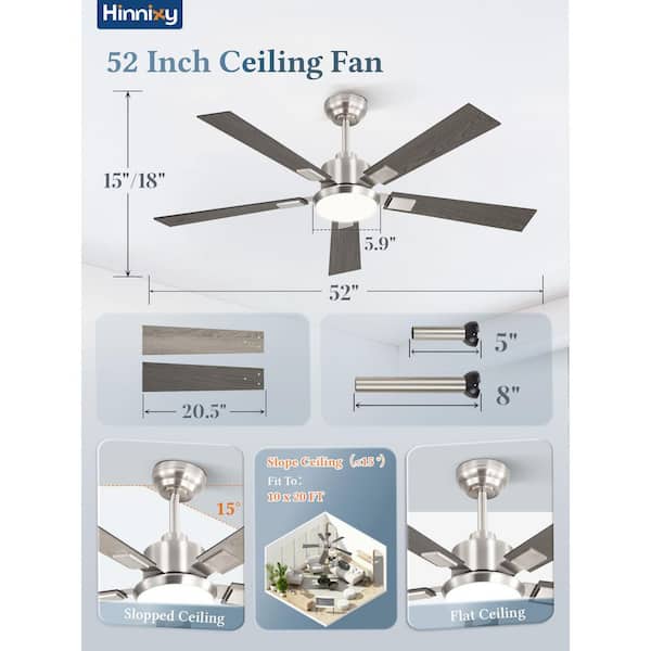 HINNIXY 52 in. Indoor Brushed Nickel Dimmable 6-Speed Quiet