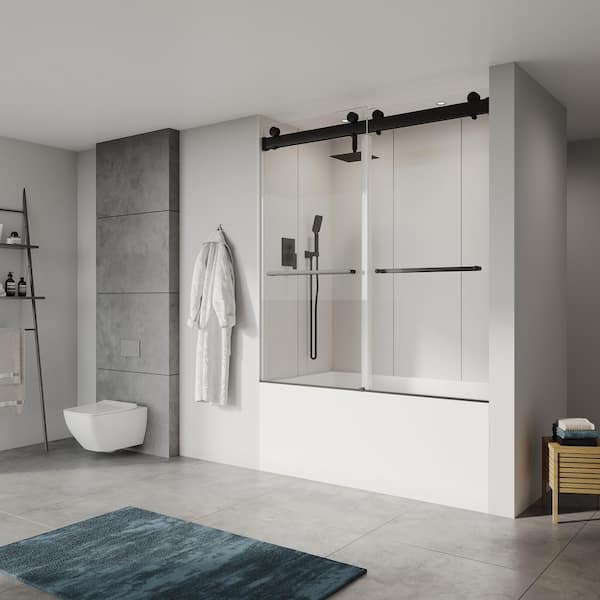 56 in. to 60 in. W x 65 in. H Sliding Frameless Bathtub Door in Matte Black Finish with Clear Glass