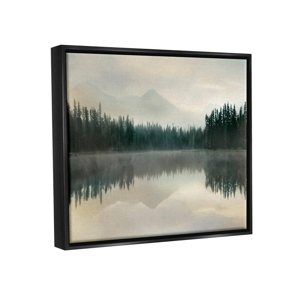 Foggy Lake Forest Landscape Green and Brown Framed Canvas Print, 21 x 17