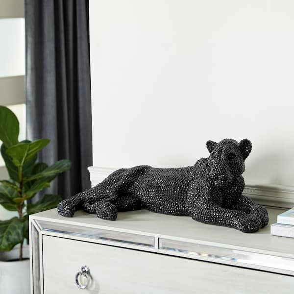 Litton Lane Black Polystone Laying Leopard Sculpture with Carved Faceted Diamond Exterior