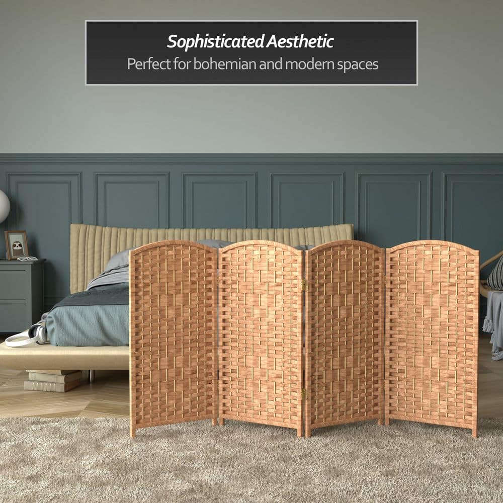 3 Ft Natural Woven Plant Fiber Folding Screen with 4 Panels