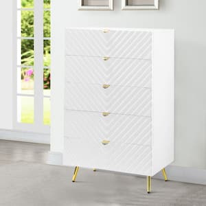 Tyra 5-Drawer Gold and White Wood Tall Dresser Chest with Wavy Design and Metal Legs